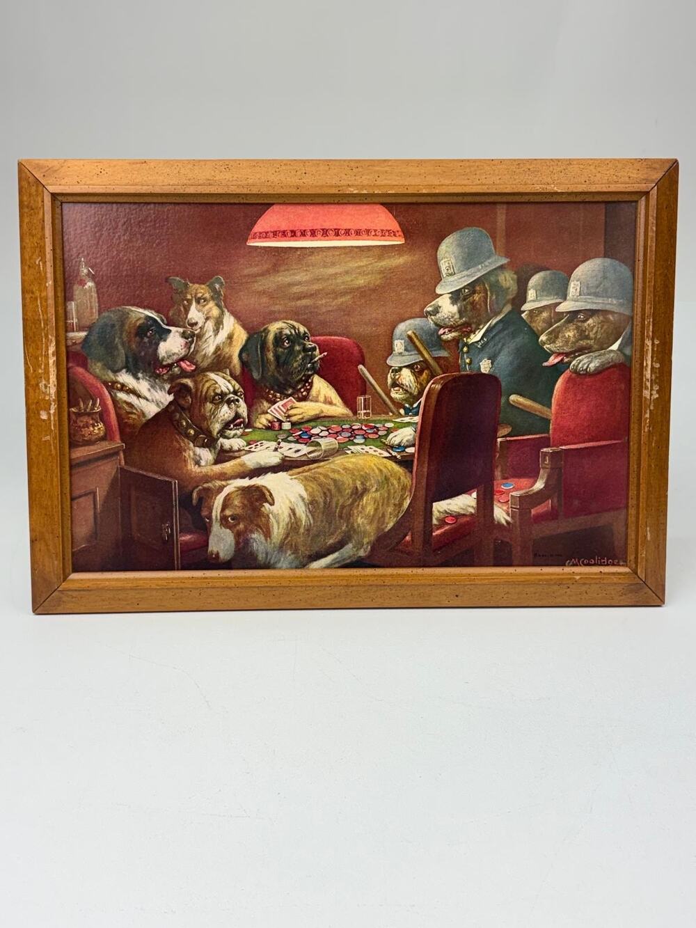 Vtg CM Coolidge Pinched With Four Aces Dogs Playing Poker Framed Print Signed